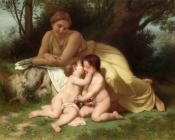 威廉 阿道夫 布格罗 : Jeune femme contemplant deux enfants qui s'embrassent , Young woman contemplating two embracing children